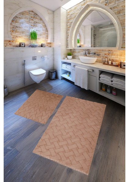 Desenli Tavşan Tüyü Yumuşak 2’li Banyo Paspası – Kaymaz Tabanlı Klozet Takımı Camel