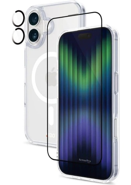 iPhone 16 Magsafe Şeffaf Kılıf + Esd Cam Ekran Koruyucu + Kamera Lens Koruyucu (Laciverttaş)