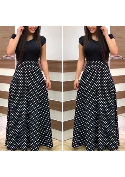 Kadın Kısa Kollu Puan Desen Tam Boy Krep Elbise