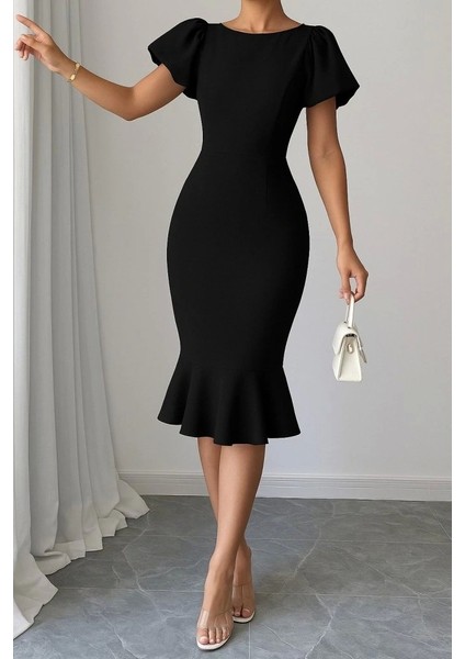 Kadın Kısa Kollu Yuvarlak Yaka Pileli Janjan Krep Elbise fiyatları