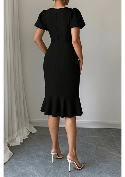 Kadın Kısa Kollu Yuvarlak Yaka Pileli Janjan Krep Elbise modelleri