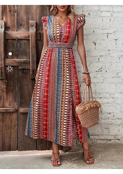 Kadın Kısa Kollu V Yakalı Desenli Yandan Yırtmaçlı Süprem Elbise modelleri