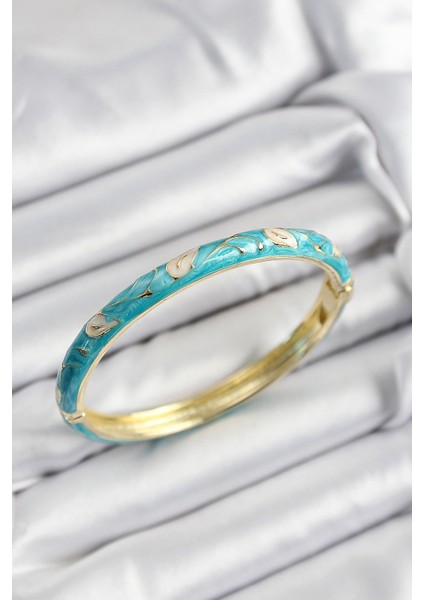 Mineli Pirinç Krem ve Turkuaz Yaprak Motifli Gold Renk Kadın Kelepçe - Modern Stil