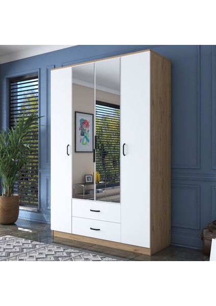 BA131 Geniş Gardırop Elbise Dolabı Aynalı Kapaklı 2 Çekmeceli 13 Raflı 1 Askılı Sepet Ceviz - Beyaz