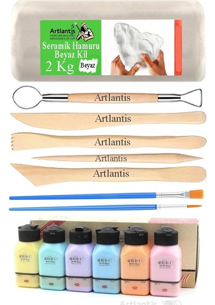 Beyaz Seramik Hamuru 2 kg Ebeşuar Modelleme Artdeco Pastel 6 Renk Akrilik Boya Fırça 75 ml Seramik Çamuru Heykel