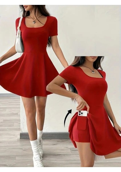 Kadın Kısa Kollu Kare Yaka Short Detaylı Cepli Dalgıç Elbise