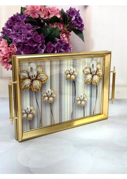 Ahşap Çerçeveli Cam Tepsi Inci Çiçekli 44/31 cm