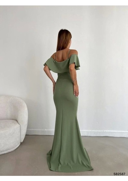 Kadın Dalgıç Krep Yırtmaç Detaylı Askılı Maxi Boy Elbise fiyatları