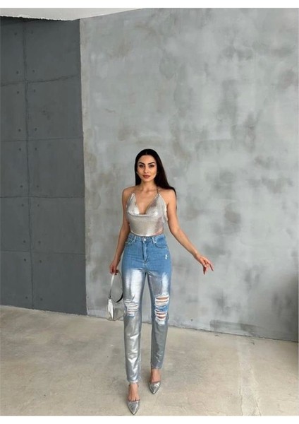 Diz Yırtık Varaklı Mom Kot Pantolon - Gümüş
