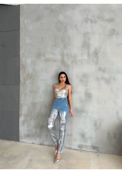 Diz Yırtık Varaklı Mom Kot Pantolon - Gümüş modelleri