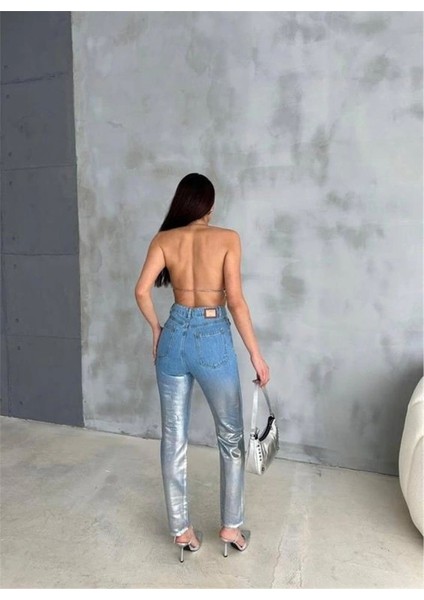 Diz Yırtık Varaklı Mom Kot Pantolon - Gümüş fırsatları