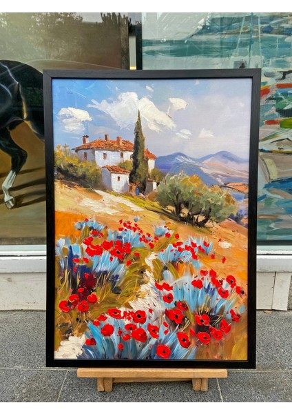 Yağlı Boya Dokulu Tablo Kırmızı Gelincikler ve Köy Evi Manzarası U06032 indirimleri