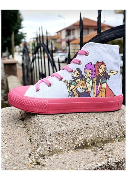 Canavar Avcısı Beyaz Pembe Tabanlı Keten Spor Ayakkabı