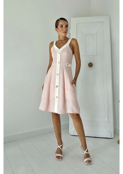 Pudra Ekru Süs Cepli Askılı Elbise