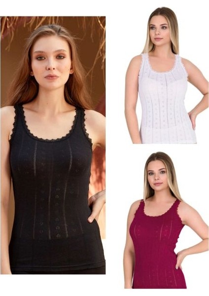 Kit Iç Giyim Berrak 8049 (Görseldeki Renkler) 3'lü Kalp Desenli %100 Pamuk Kalın Askılı Kadın Atlet