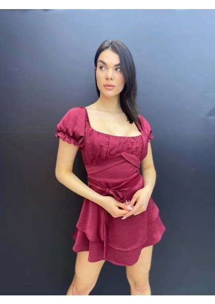 Kadın Kare Yaka Kuşak Detay Fırsat Ürün Mini Elbise modelleri