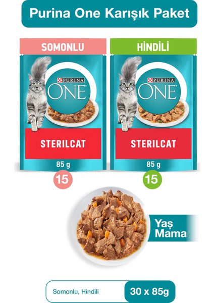 Purına One Sterilcat Yaş Kısırlaştırılmış Kedi Maması 30'lu Karma Paket (Somon 15X85G, Hindi 15X85G)