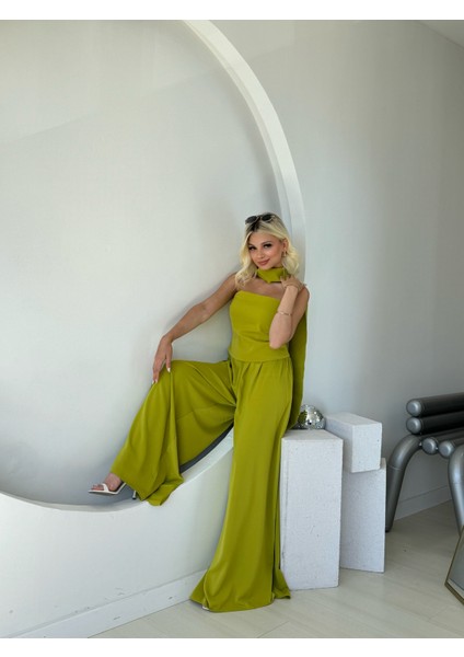 Straplez Bluz Geniş Paça Pantolon Takım modelleri