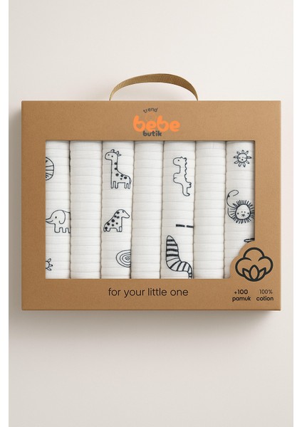 7’li Hayvan Figürlü %100 Pamuk Ribana Bebek Ağız Mendili Emici ve Yumuşak Ağız Bezi Seti 20X20CM