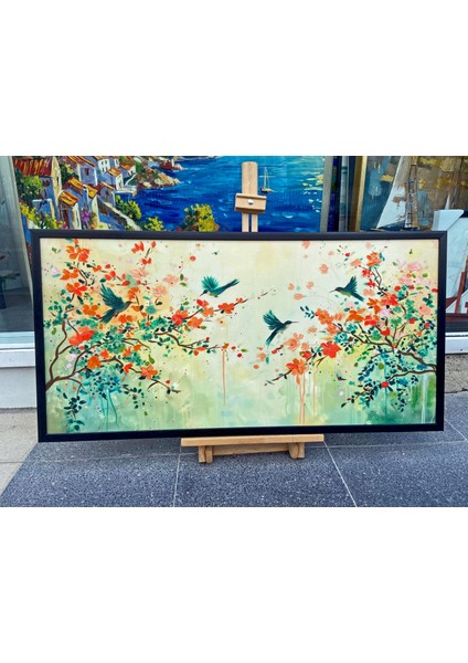 Yağlı Boya Dokulu Tablo Bahar Çiçekleri ve Sinek Kuşları U04027 indirimleri