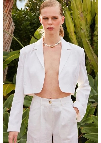 Premium Seri Beyaz Keten Crop Ceket Pantolon Takım fiyatları