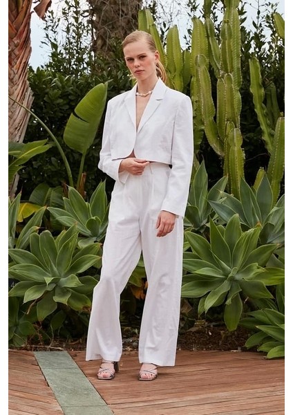 Premium Seri Beyaz Keten Crop Ceket Pantolon Takım fırsatları
