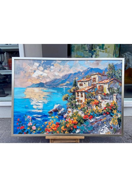Yağlı Boya Dokulu Tablo Modern Spatula Akdeniz Evleri Manzarası U06041