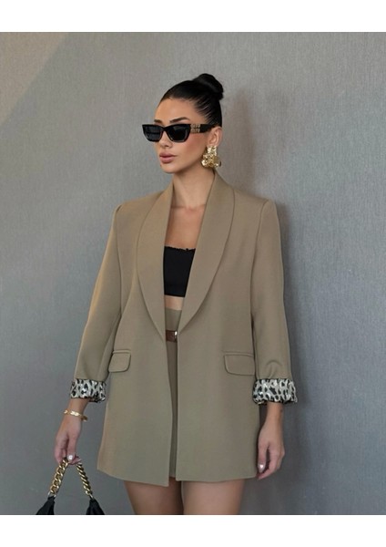 Leopar Astarlı Şal Yaka Blazer Ceket Haki