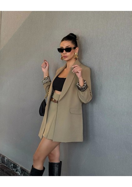Leopar Astarlı Şal Yaka Blazer Ceket Haki fırsatları