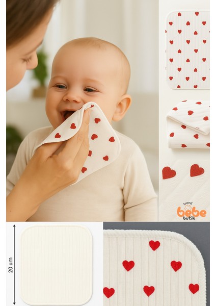 7’li Minik Kalp Desenli Pamuk Ribana Bebek Ağız Mendili Yumuşak ve Emici Ağız Bezi Seti 20X20CM