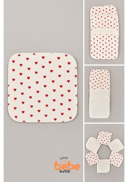 7’li Minik Kalp Desenli Pamuk Ribana Bebek Ağız Mendili Yumuşak ve Emici Ağız Bezi Seti 20X20CM