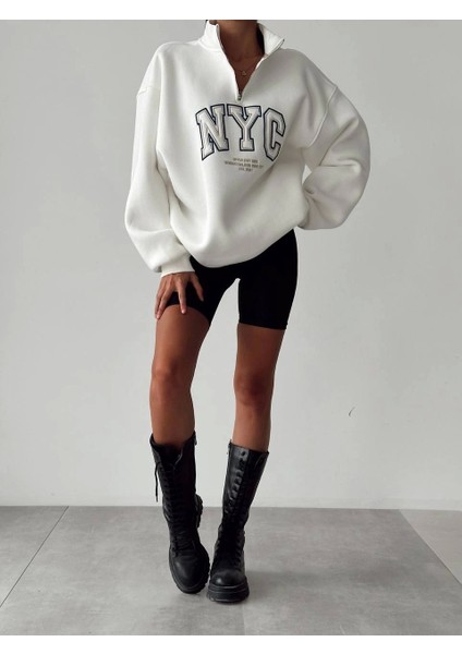 Nyc Baskılı Fermuarlı Beyaz Sweatshirt modelleri