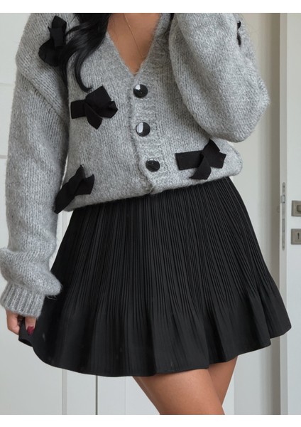 Pile Detaylı Beli Lastikli Mini Şort Etek Siyah modelleri