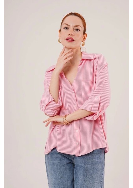 Yarasa Kol Çizgili Cep Detaylı Pembe Gömlek fırsatları