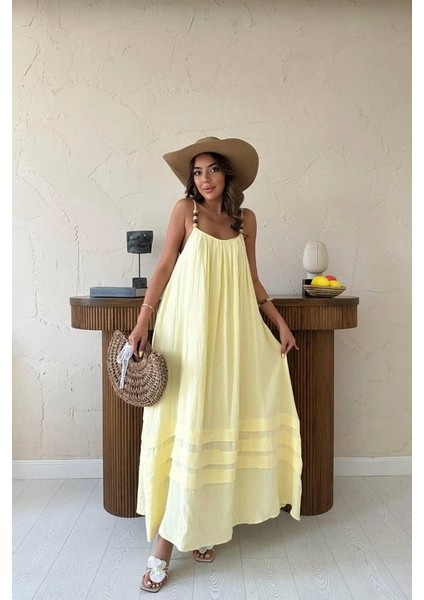 Sarı Askılı Müslin Elbise