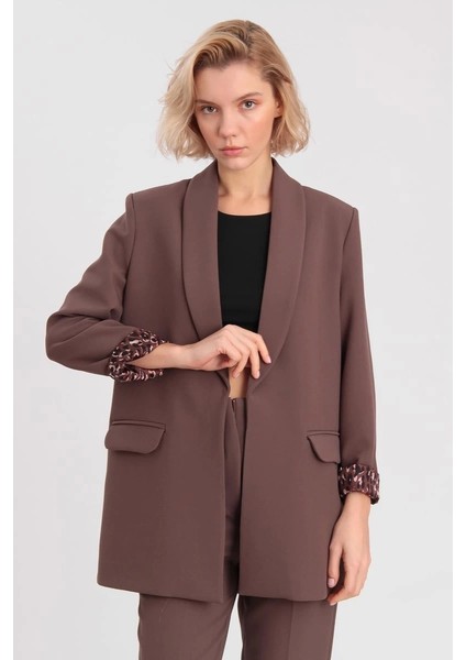 Leopar Astarlı Şal Yaka Blazer Ceket Kahverengi