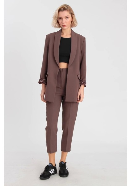 Leopar Astarlı Şal Yaka Blazer Ceket Kahverengi modelleri
