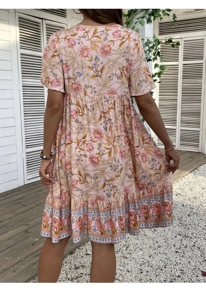 Kadın Kısa Kollu Yakası Bağcıklı Önden Düğmeli Fırfır Desenli Süprem Elbise modelleri