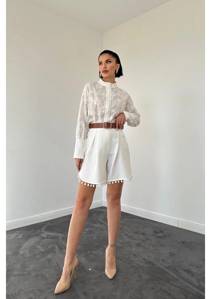 Ekru Dantelli Gömlek ve Ponpolu Şort Takım fiyatları