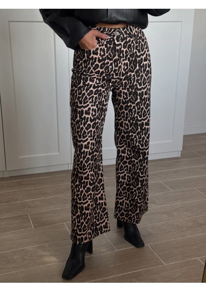 Leopar Desen Yüksek Bel Gabardin Pantolon