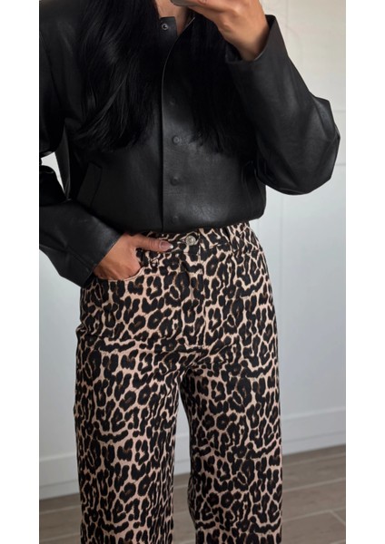 Leopar Desen Yüksek Bel Gabardin Pantolon fiyatları