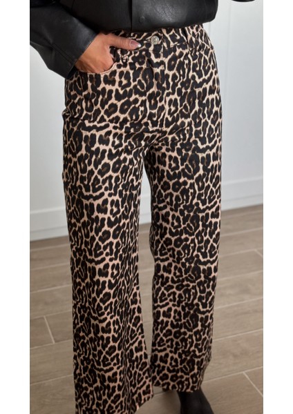 Leopar Desen Yüksek Bel Gabardin Pantolon modelleri