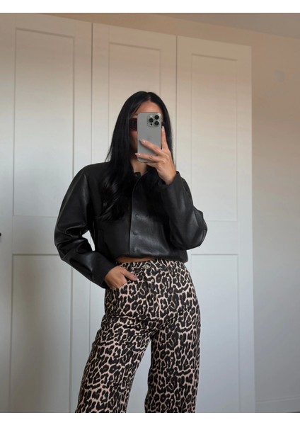 Leopar Desen Yüksek Bel Gabardin Pantolon fırsatları