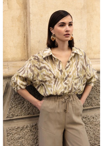 Düşük Omuz Desenli Modal Gömlek - Yeşil