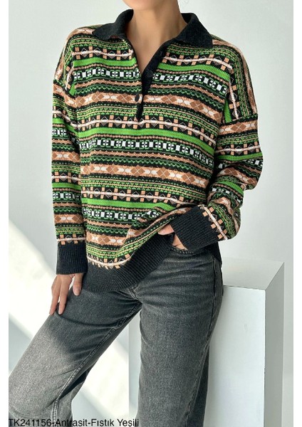 Çok Renkli Polo Yaka Kilim Desenli Triko modelleri
