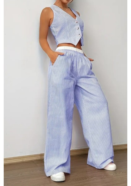 Kadın Çizgili Poplin Dokuma Ikili Takım – Düğmeli Crop Yelek & Bol Paça Pantolon Yazlık Rahat Model