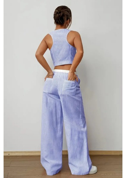 Kadın Çizgili Poplin Dokuma Ikili Takım – Düğmeli Crop Yelek & Bol Paça Pantolon Yazlık Rahat Model modelleri