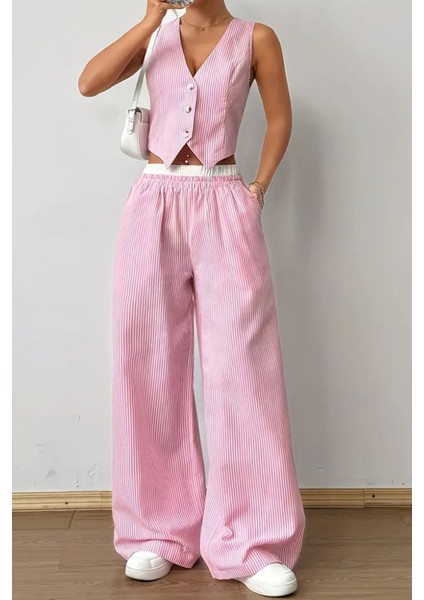 Kadın Çizgili Poplin Dokuma Ikili Takım – Düğmeli Crop Yelek & Bol Paça Pantolon Yazlık Rahat Model