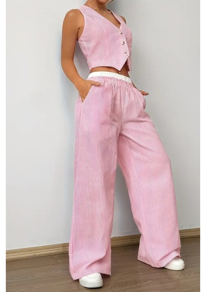 Kadın Çizgili Poplin Dokuma Ikili Takım – Düğmeli Crop Yelek & Bol Paça Pantolon Yazlık Rahat Model fiyatları