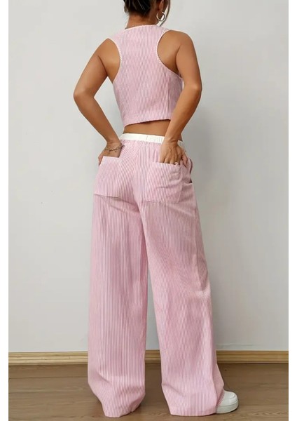 Kadın Çizgili Poplin Dokuma Ikili Takım – Düğmeli Crop Yelek & Bol Paça Pantolon Yazlık Rahat Model modelleri